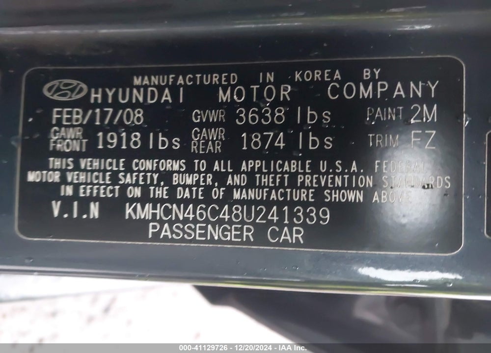 2008 HYUNDAI ACCENT GLS VIN: KMHCN46C48U241339