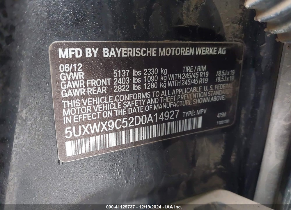 2013 BMW X3 XDRIVE28I VIN: 5UXWX9C52D0A14927