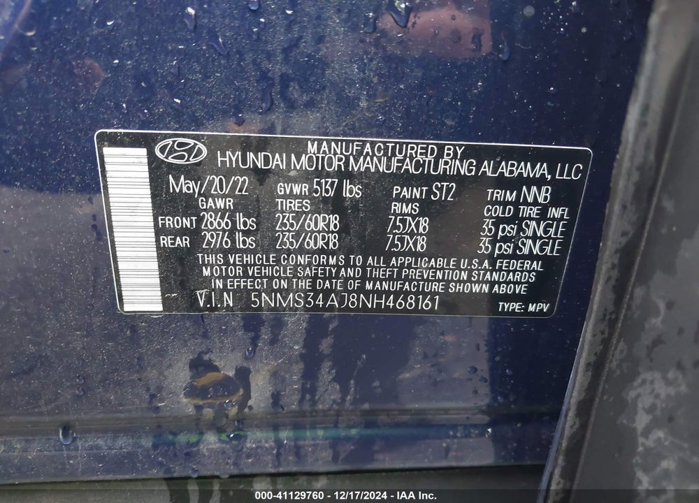 2022 HYUNDAI SANTA FE SEL VIN: 5NMS34AJ8NH468161