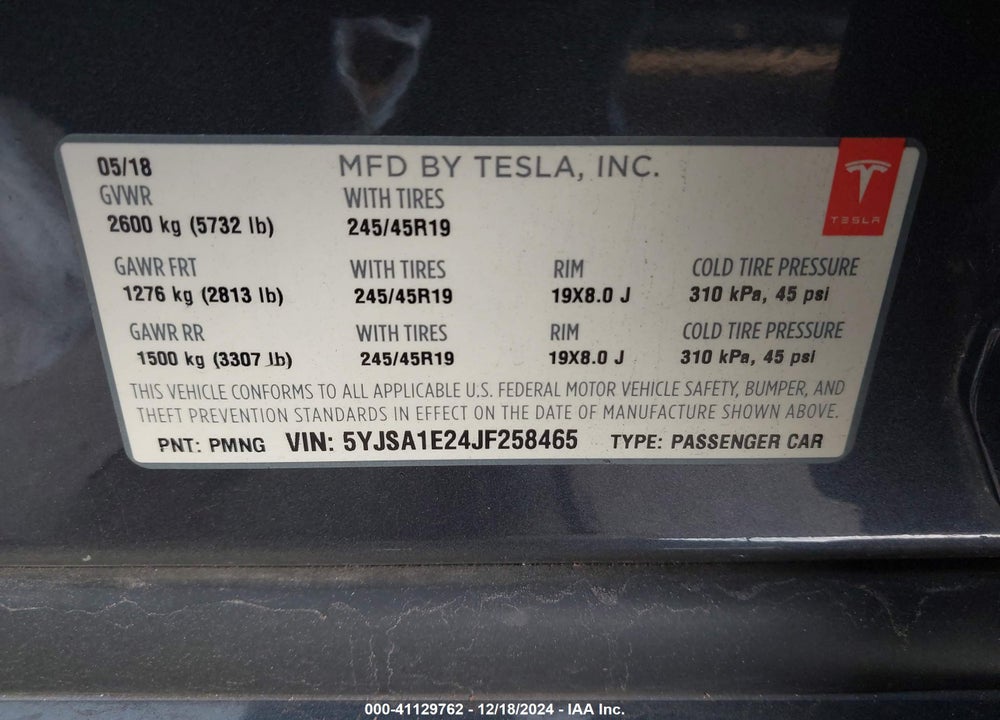 2018 TESLA MODEL S 100D/75D/P100D VIN: 5YJSA1E24JF258465