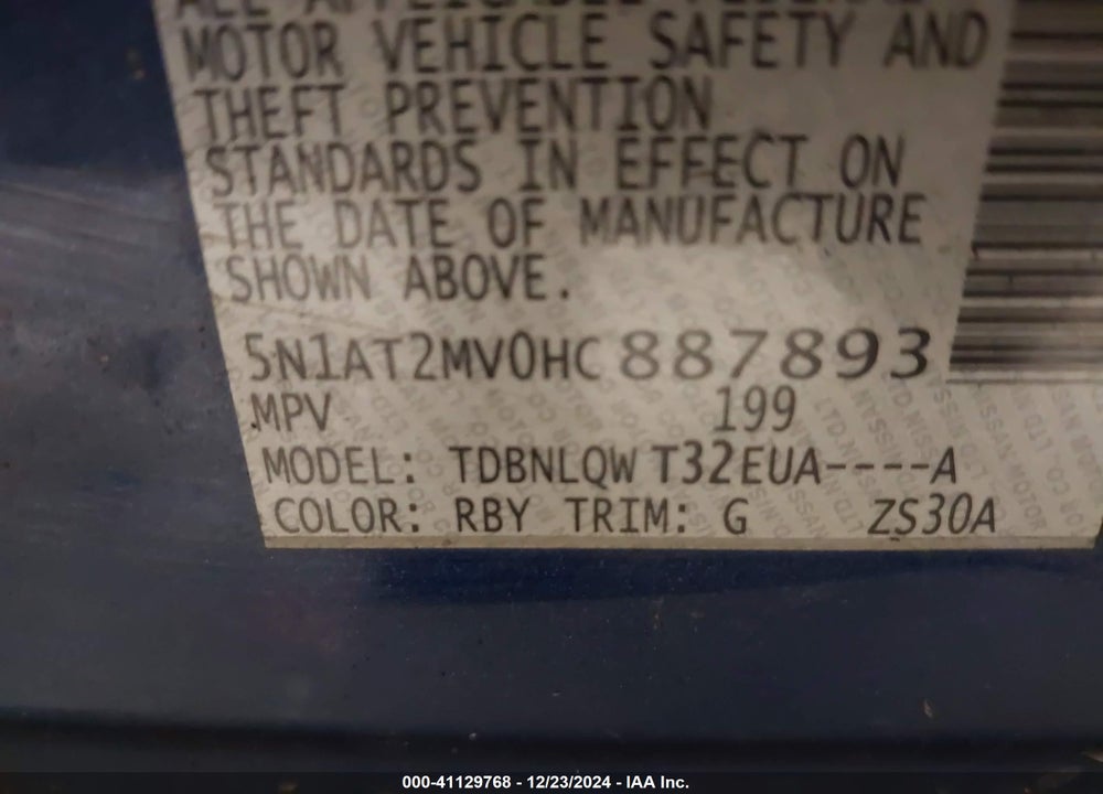 2017 NISSAN ROGUE VIN: 5N1AT2MV0HC887893