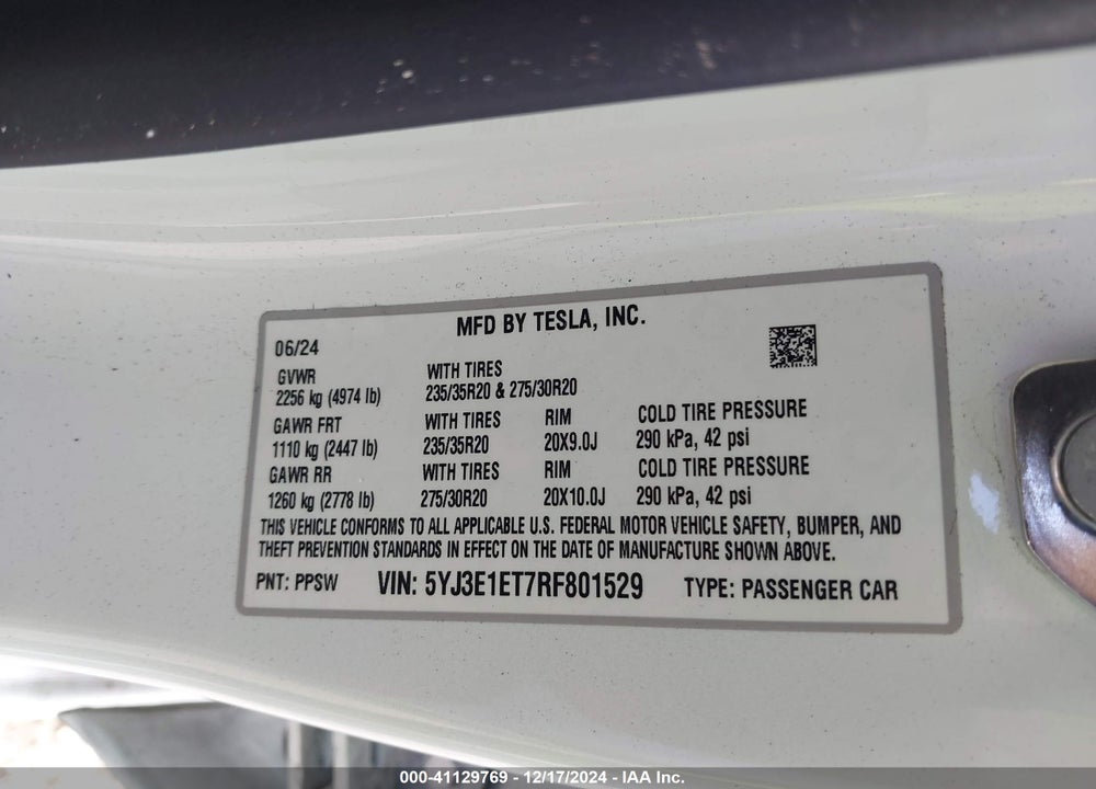 2024 TESLA MODEL 3 PERFORMANCE ALL-WHEEL DRIVE VIN: 5YJ3E1ET7RF801529