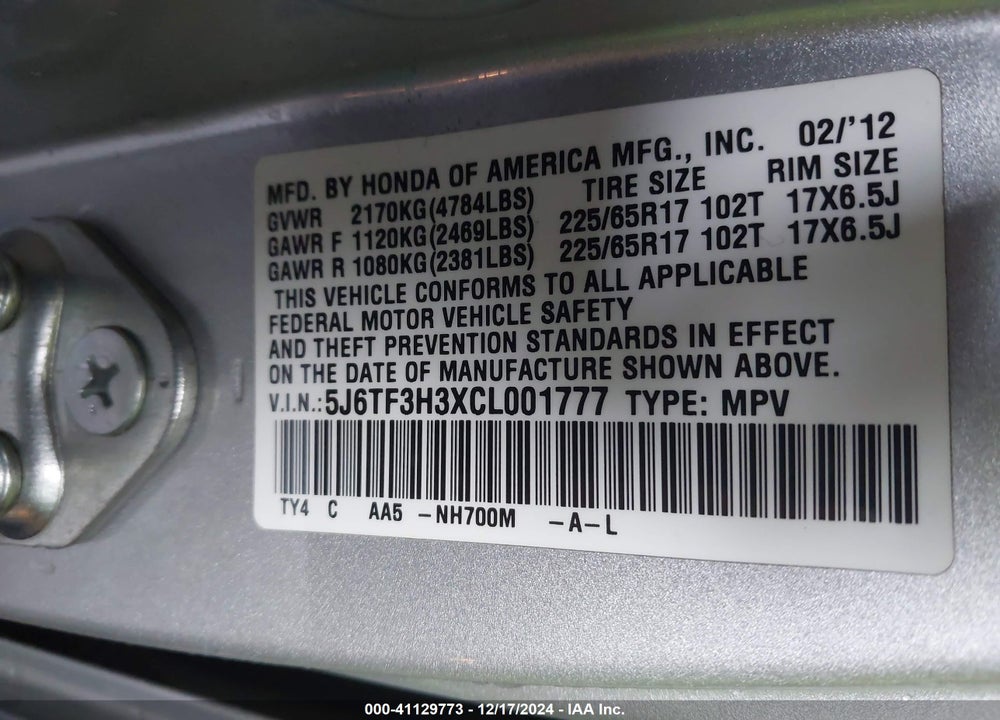 2012 HONDA CROSSTOUR EX VIN: 5J6TF3H3XCL001777