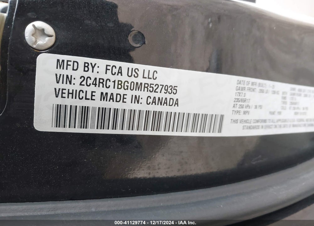 2021 CHRYSLER PACIFICA TOURING L VIN: 2C4RC1BG0MR527935