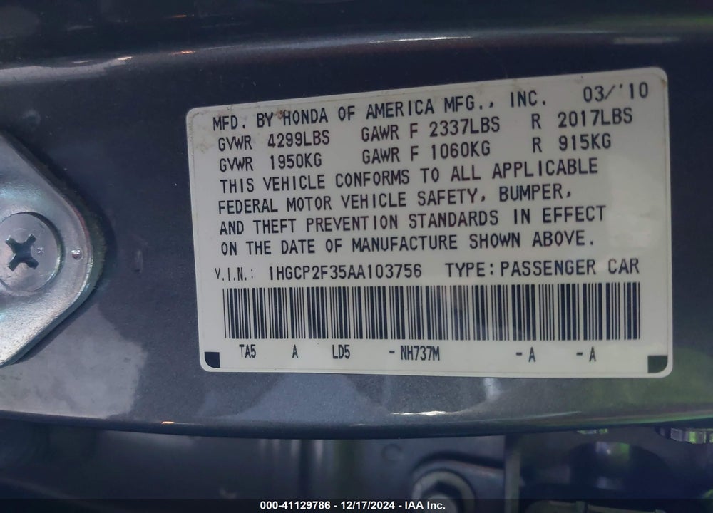 2010 HONDA ACCORD 2.4 LX VIN: 1HGCP2F35AA103756