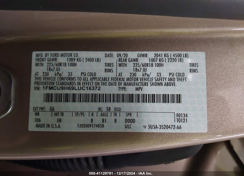 2020 FORD ESCAPE SEL VIN: 1FMCU9H69LUC16372