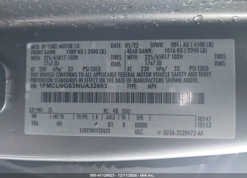 2022 FORD ESCAPE SE VIN: 1FMCU9G63NUA32663