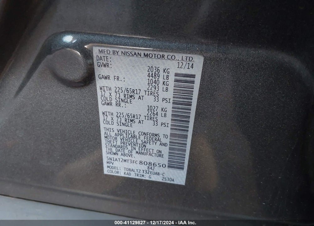 2015 NISSAN ROGUE SV VIN: 5N1AT2MT3FC808650