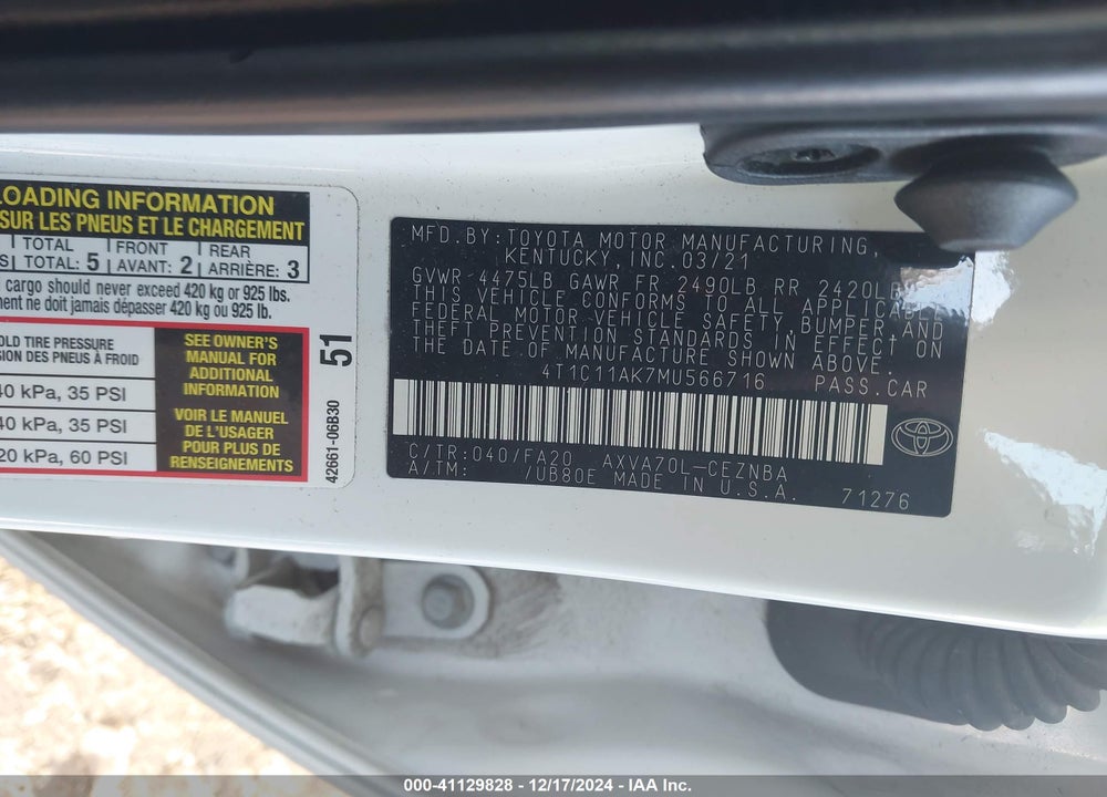 2021 TOYOTA CAMRY LE VIN: 4T1C11AK7MU566716