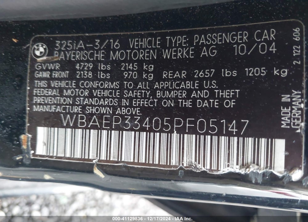 2005 BMW 325XIT VIN: WBAEP33405PF05147