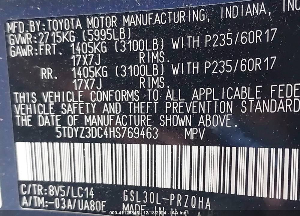 2017 TOYOTA SIENNA XLE 8 PASSENGER VIN: 5TDYZ3DC4HS769463