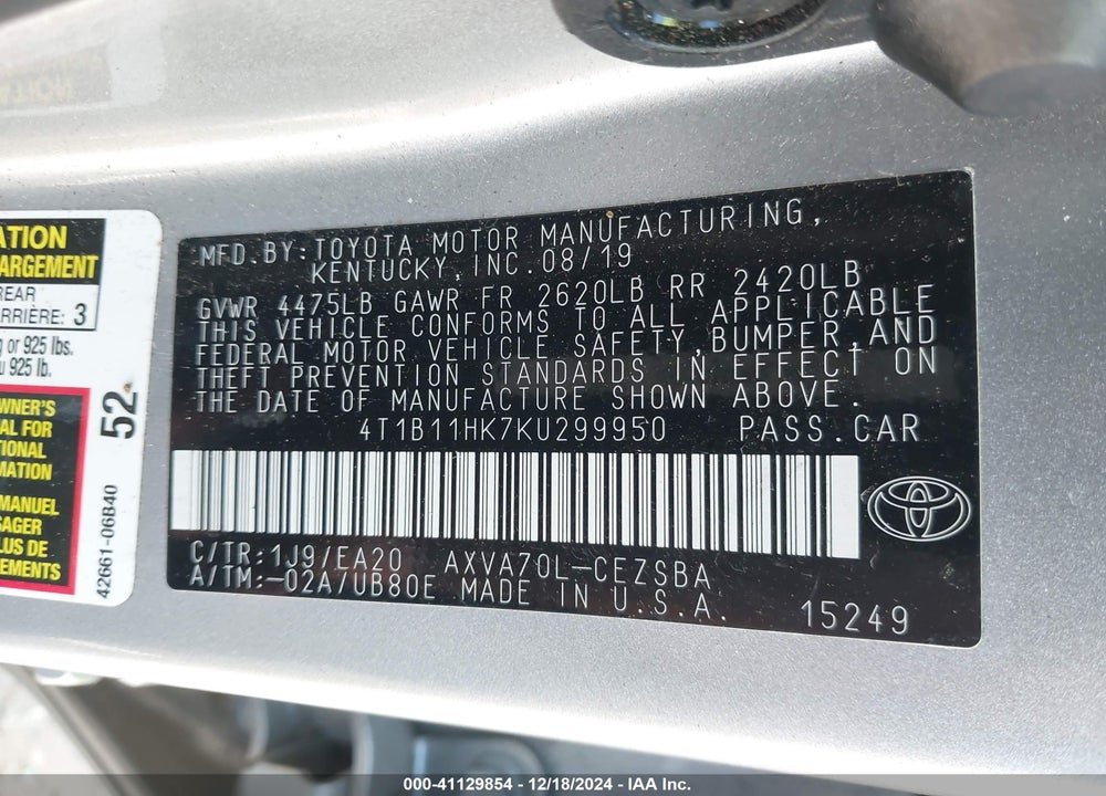 2019 TOYOTA CAMRY SE VIN: 4T1B11HK7KU299950
