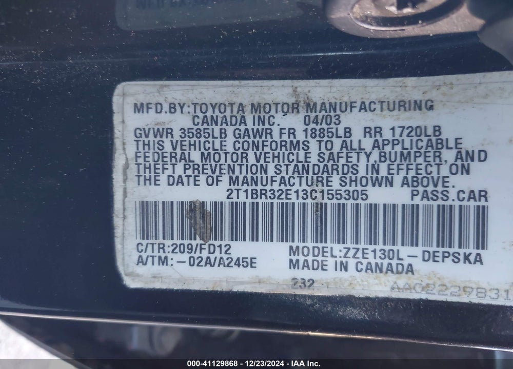 2003 TOYOTA COROLLA S VIN: 2T1BR32E13C155305