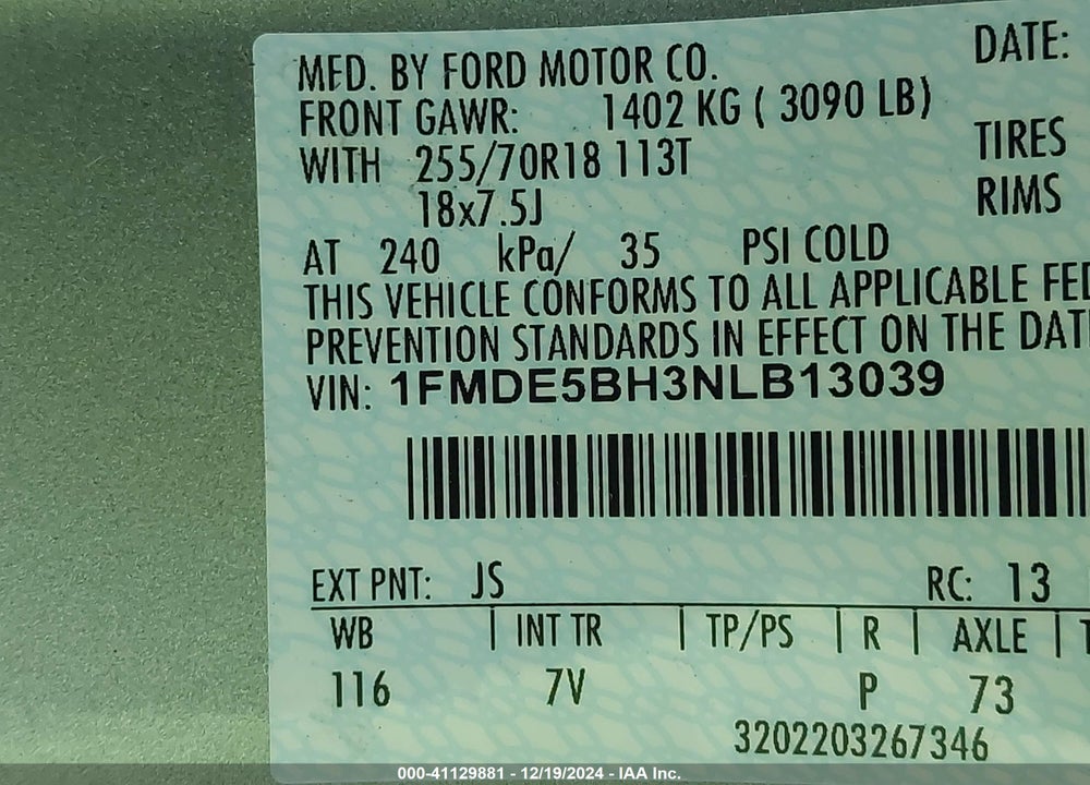 2022 FORD BRONCO OUTER BANKS VIN: 1FMDE5BH3NLB13039