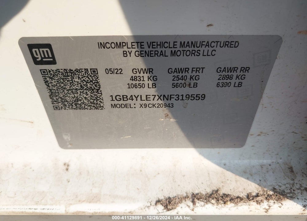 2022 CHEVROLET SILVERADO 2500HD 4WD LONG BED WT VIN: 1GB4YLE7XNF319559