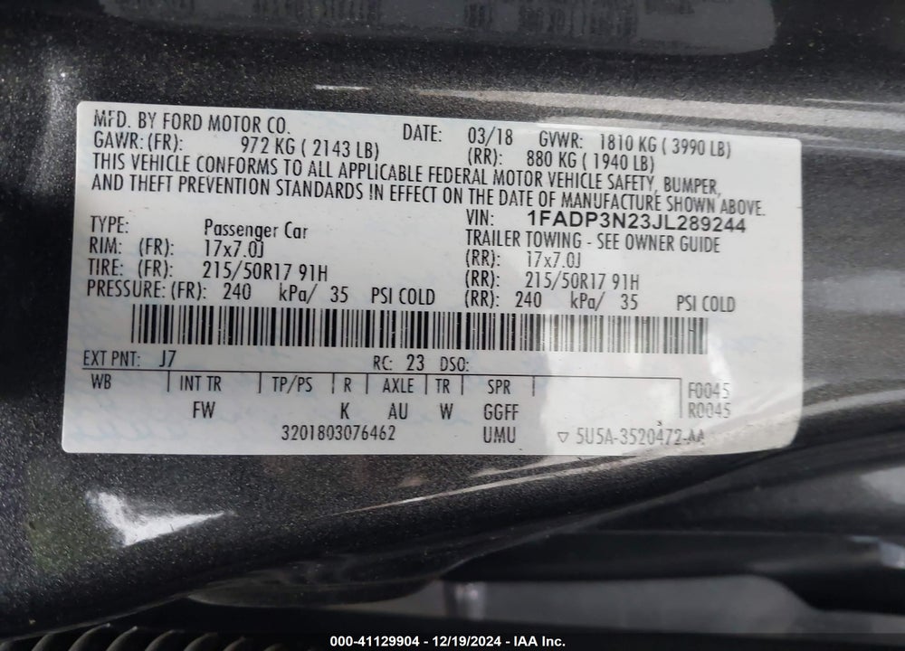 2018 FORD FOCUS VIN: 1FADP3N23JL289244