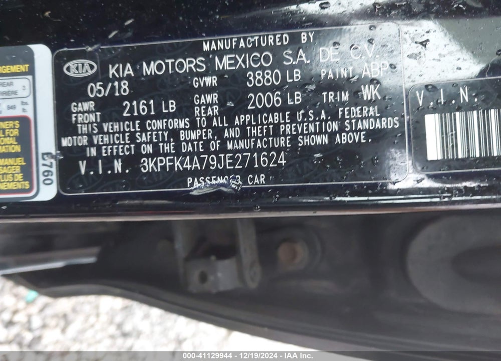 2018 KIA FORTE VIN: 3KPFK4A79JE271624