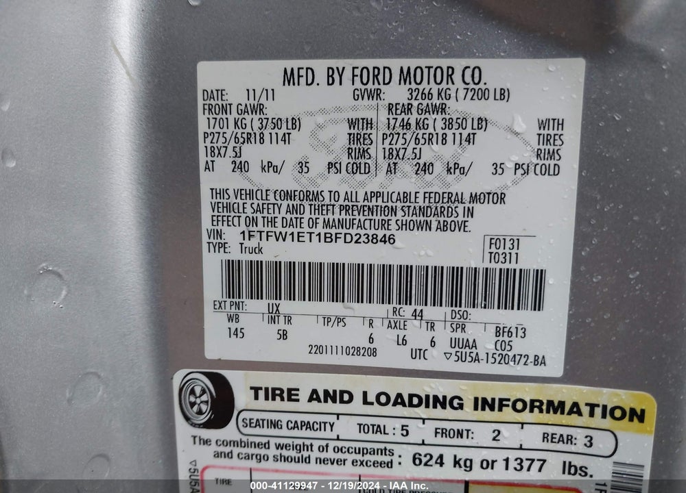 2011 FORD F-150 FX4 VIN: 1FTFW1ET1BFD23846