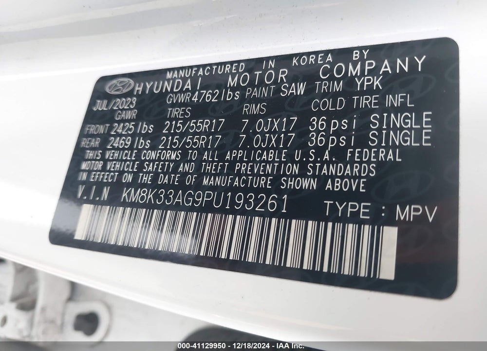 2023 HYUNDAI KONA ELECTRIC SEL VIN: KM8K33AG9PU193261