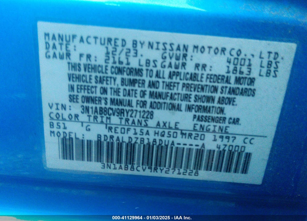 2024 NISSAN SENTRA SV XTRONIC CVT VIN: 3N1AB8CV9RY271228