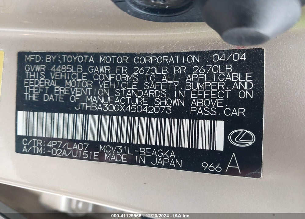 2004 LEXUS ES 330 VIN: JTHBA30GX45042073