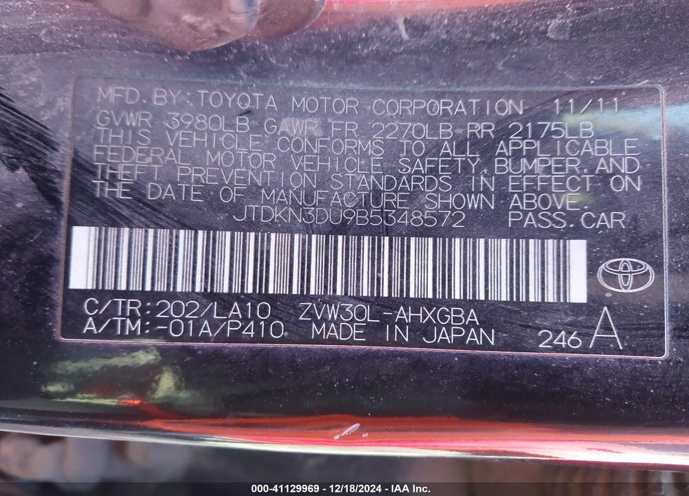 2011 TOYOTA PRIUS VIN: JTDKN3DU9B5348572