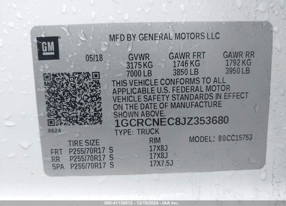 2018 CHEVROLET SILVERADO 1500 VIN: 1GCRCNEC8JZ353680