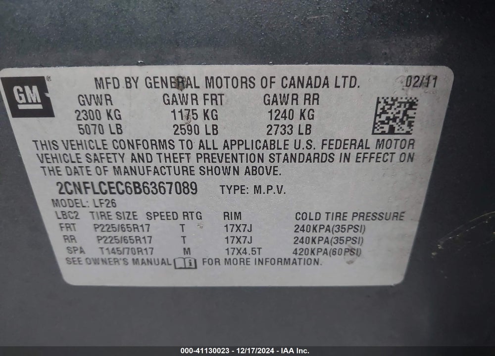 2011 CHEVROLET EQUINOX LS VIN: 2CNFLCEC6B6367089
