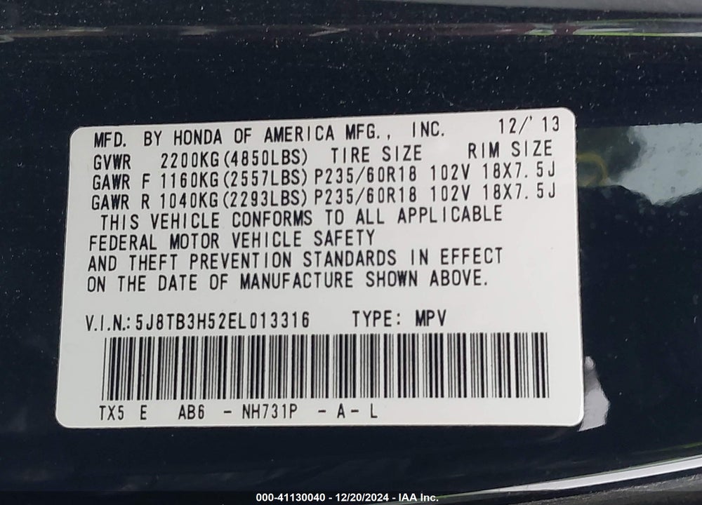 2014 ACURA RDX VIN: 5J8TB3H52EL013316