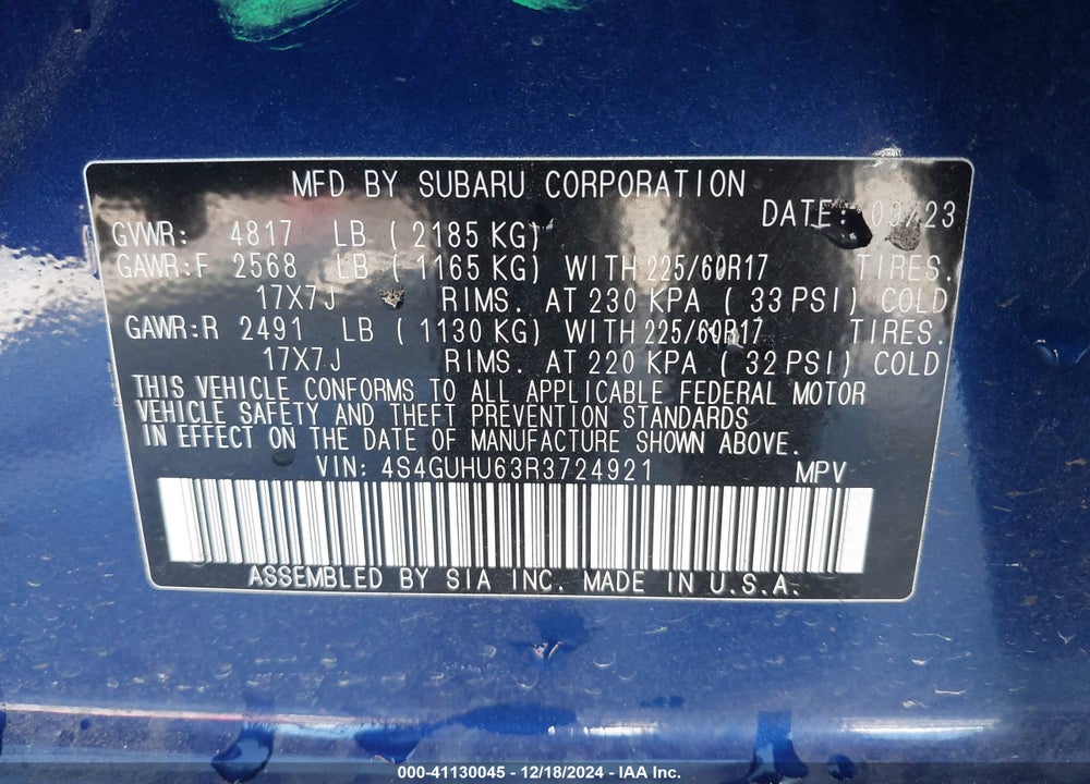 2024 SUBARU CROSSTREK WILDERNESS VIN: 4S4GUHU63R3724921