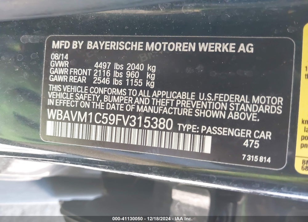 2015 BMW X1 SDRIVE28I VIN: WBAVM1C59FV315380