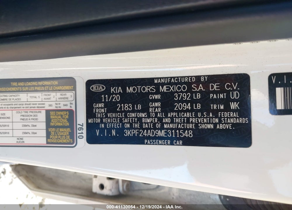 2021 KIA FORTE LXS VIN: 3KPF24AD9ME311548