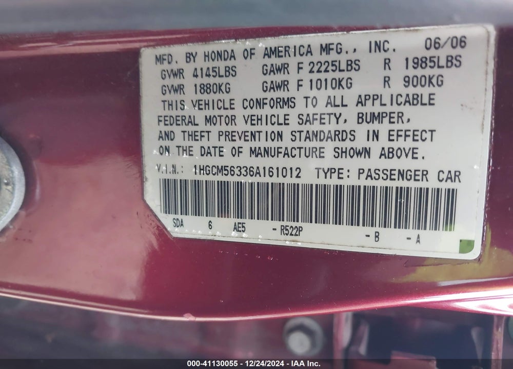 2006 HONDA ACCORD 2.4 SE VIN: 1HGCM56336A161012