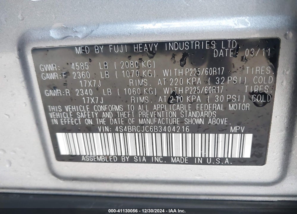2011 SUBARU OUTBACK 2.5I LIMITED VIN: 4S4BRCJC6B3404216