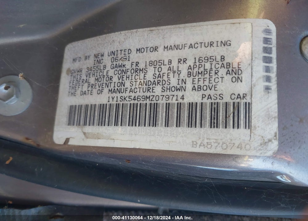 1991 GEO PRIZM LSI VIN: 1Y1SK5469MZ079714