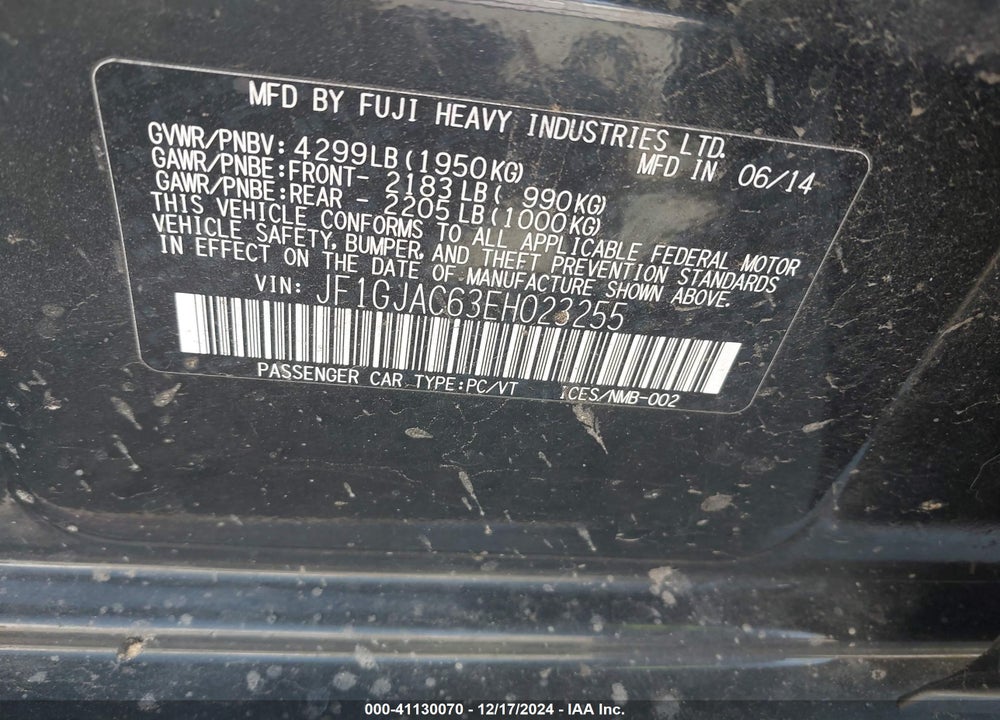 2014 SUBARU IMPREZA VIN: JF1GJAC63EH023255
