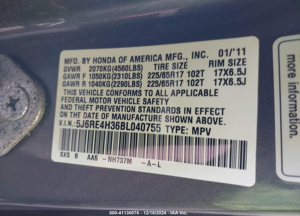 2011 HONDA CR-V LX VIN: 5J6RE4H36BL040755