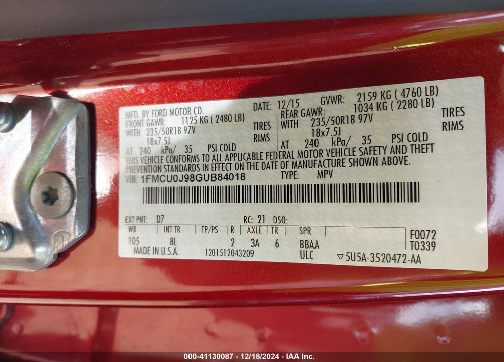 2016 FORD ESCAPE TITANIUM VIN: 1FMCU0J98GUB84018