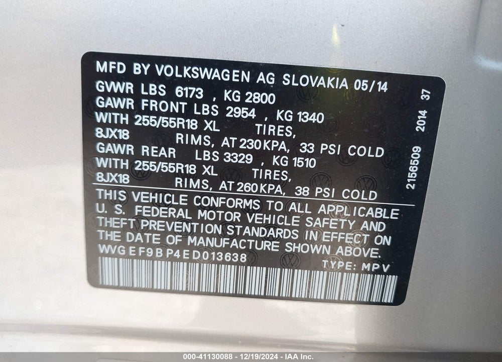 2014 VOLKSWAGEN TOUAREG 3.6L SPORT VIN: WVGEF9BP4ED013638