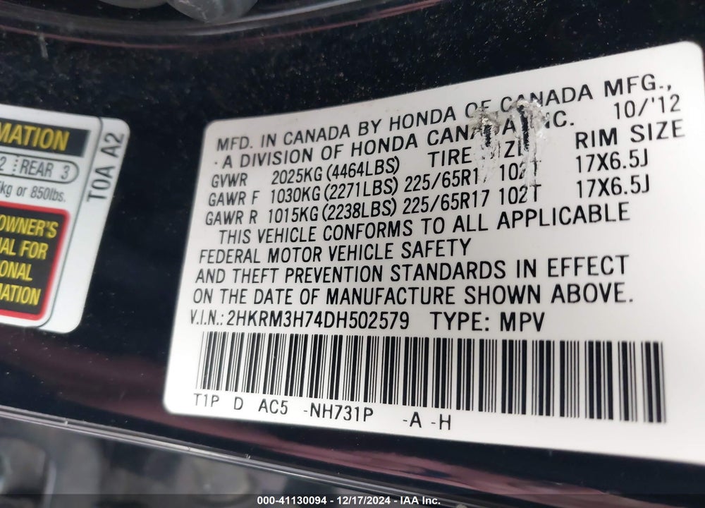 2013 HONDA CR-V EX-L VIN: 2HKRM3H74DH502579