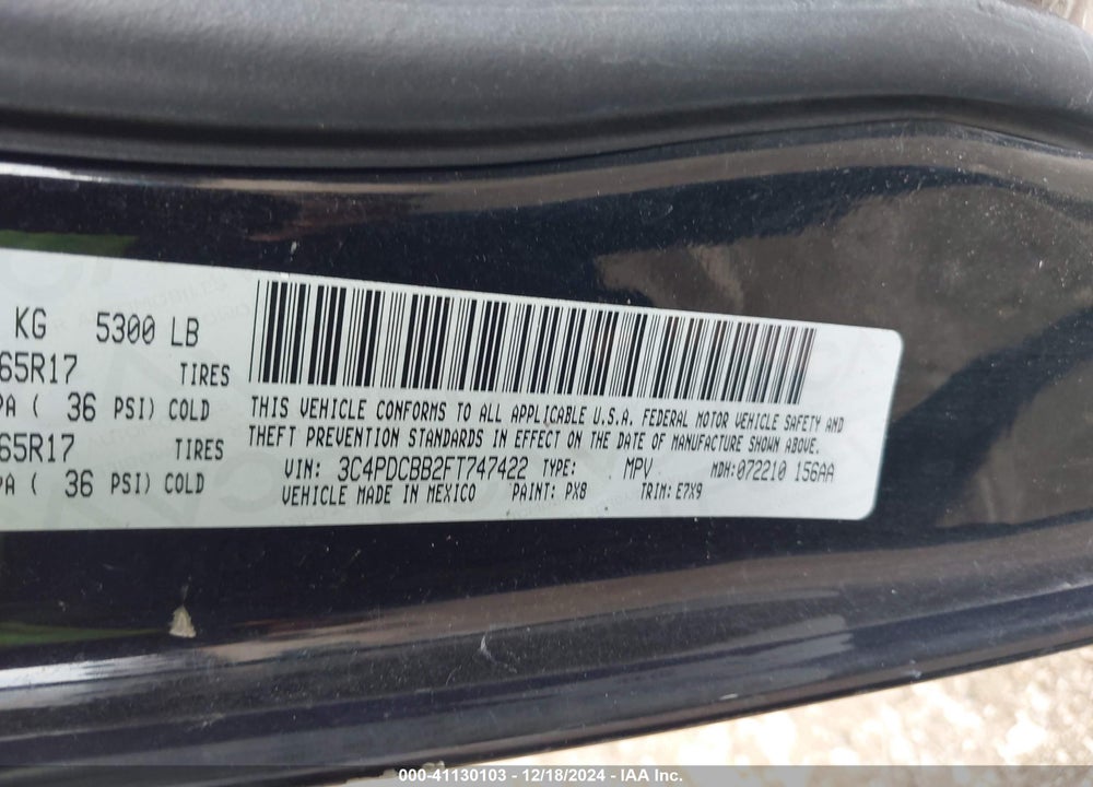 2015 DODGE JOURNEY SXT VIN: 3C4PDCBB2FT747422