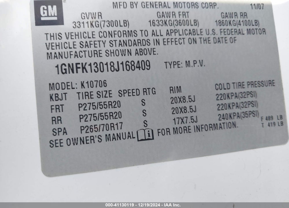 2008 CHEVROLET TAHOE LTZ VIN: 1GNFK13018J168409