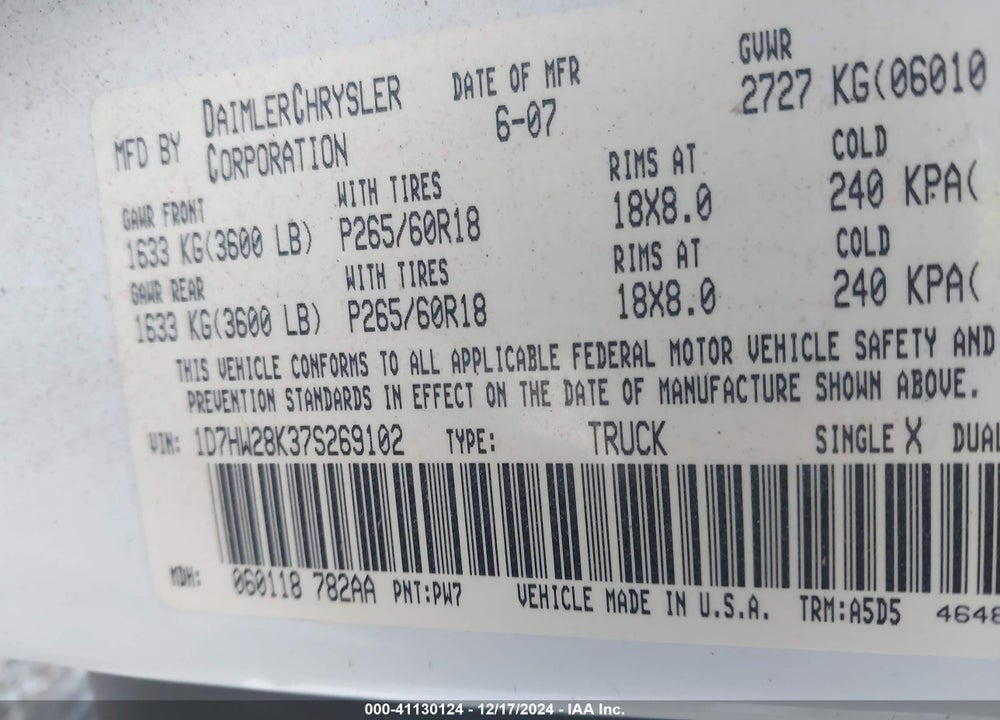 2007 DODGE DAKOTA ST VIN: 1D7HW28K37S269102