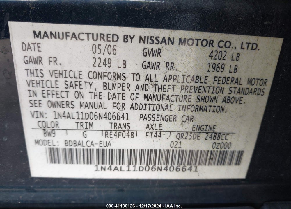 2006 NISSAN ALTIMA 2.5 S VIN: 1N4AL11D06N406641