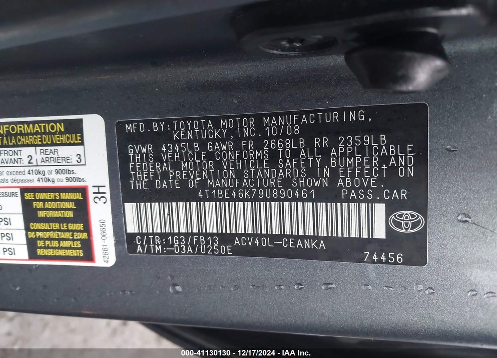 2009 TOYOTA CAMRY LE VIN: 4T1BE46K79U890461