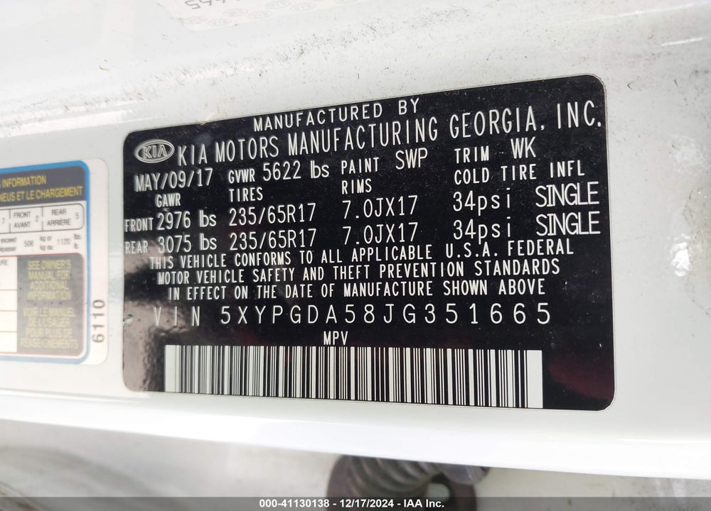 2018 KIA SORENTO 3.3L LX VIN: 5XYPGDA58JG351665