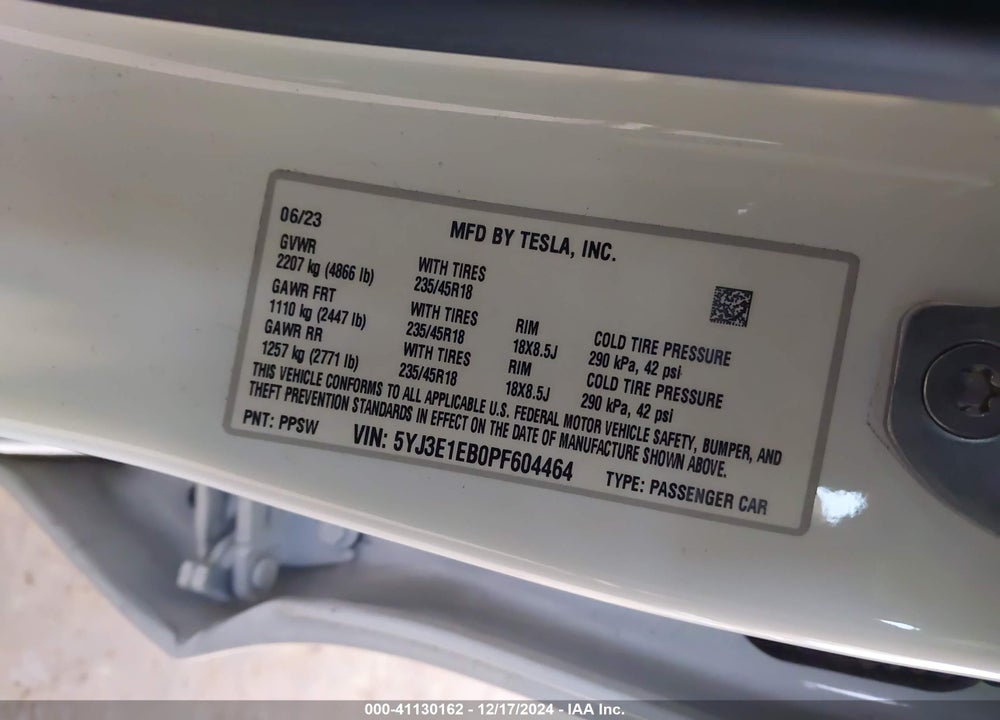 2023 TESLA MODEL 3 LONG RANGE DUAL MOTOR ALL-WHEEL DRIVE VIN: 5YJ3E1EB0PF604464