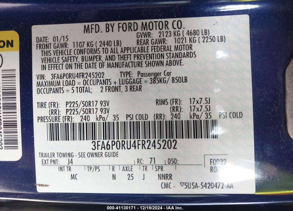 2015 FORD FUSION HYBRID TITANIUM VIN: 3FA6P0RU4FR245202