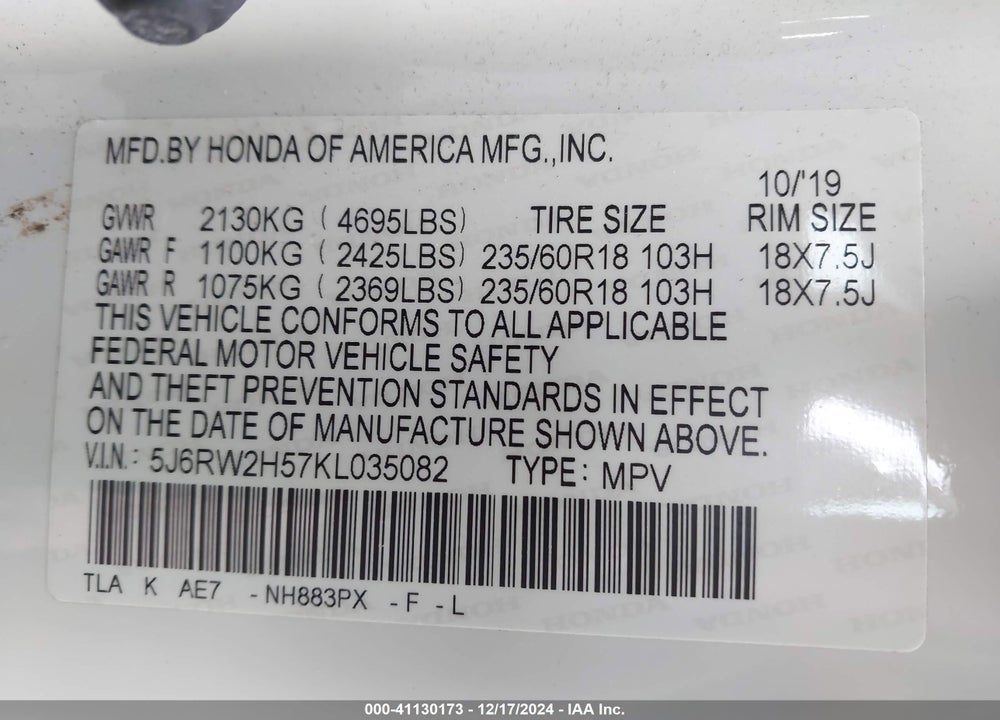 2019 HONDA CR-V EX VIN: 5J6RW2H57KL035082