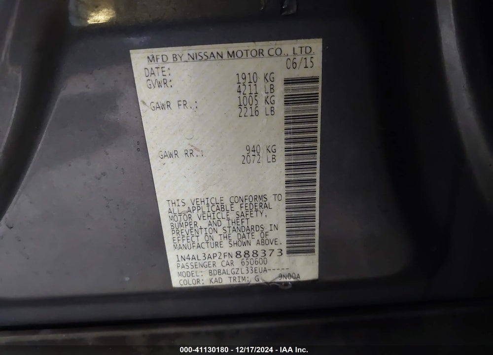2015 NISSAN ALTIMA 2.5/2.5 S/2.5 SL/2.5 SV VIN: 1N4AL3AP2FN888373
